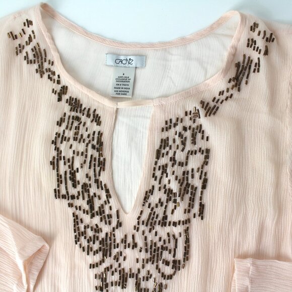 Cache size S silk sheer 3/4 sleeve embellished beaded blouse tunic top Pink - Picture 5 of 11